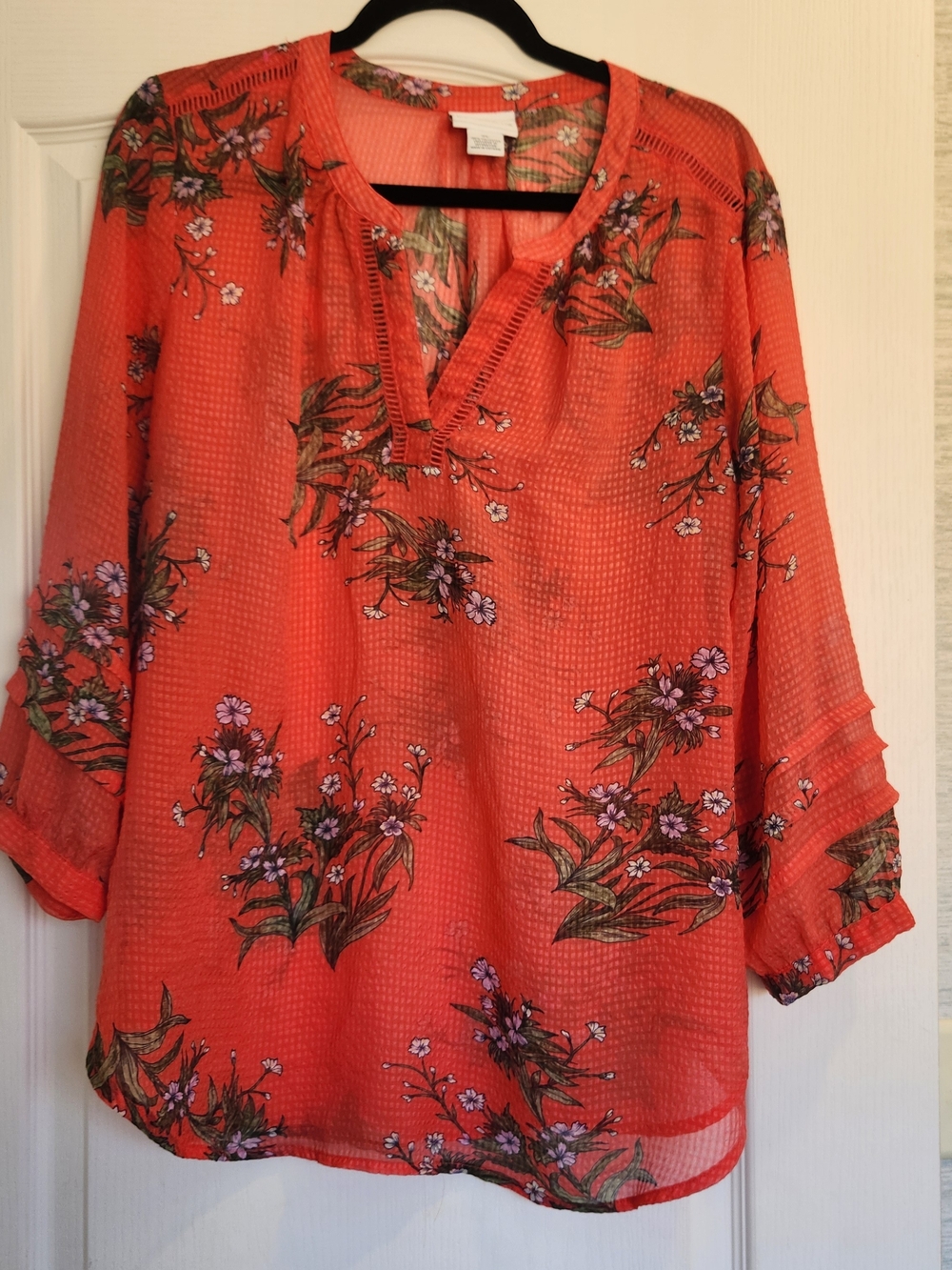 Liz Claiborne Coral Floral Split-Neck Blouse XL Euc